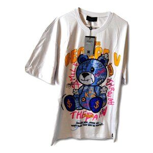Avenue George V Paris T-Shirt White Graffiti Teddy Bear Bling Rhinestone Tee XL